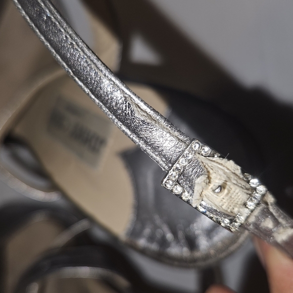 Jimmy Choo London Gray Silver Leather & Satin Crystal Evening Sandals Sz 37 - Picture 6 of 9
